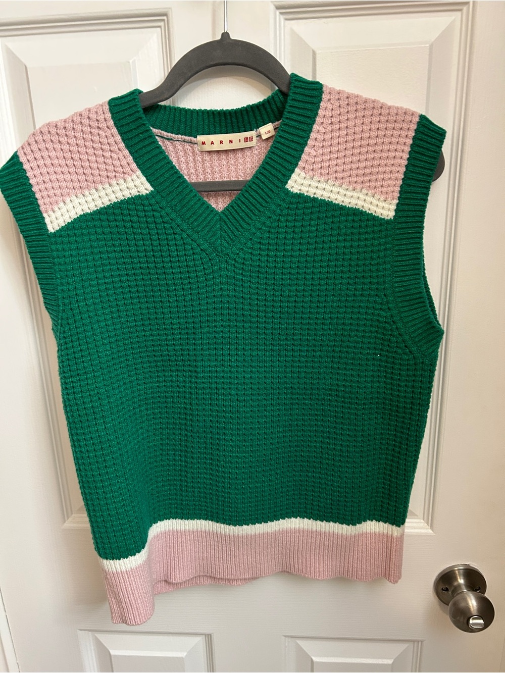 Marni x Uniqlo Women's L Popcorn Knitted V-Neck Colourblock Vest Green & Pink